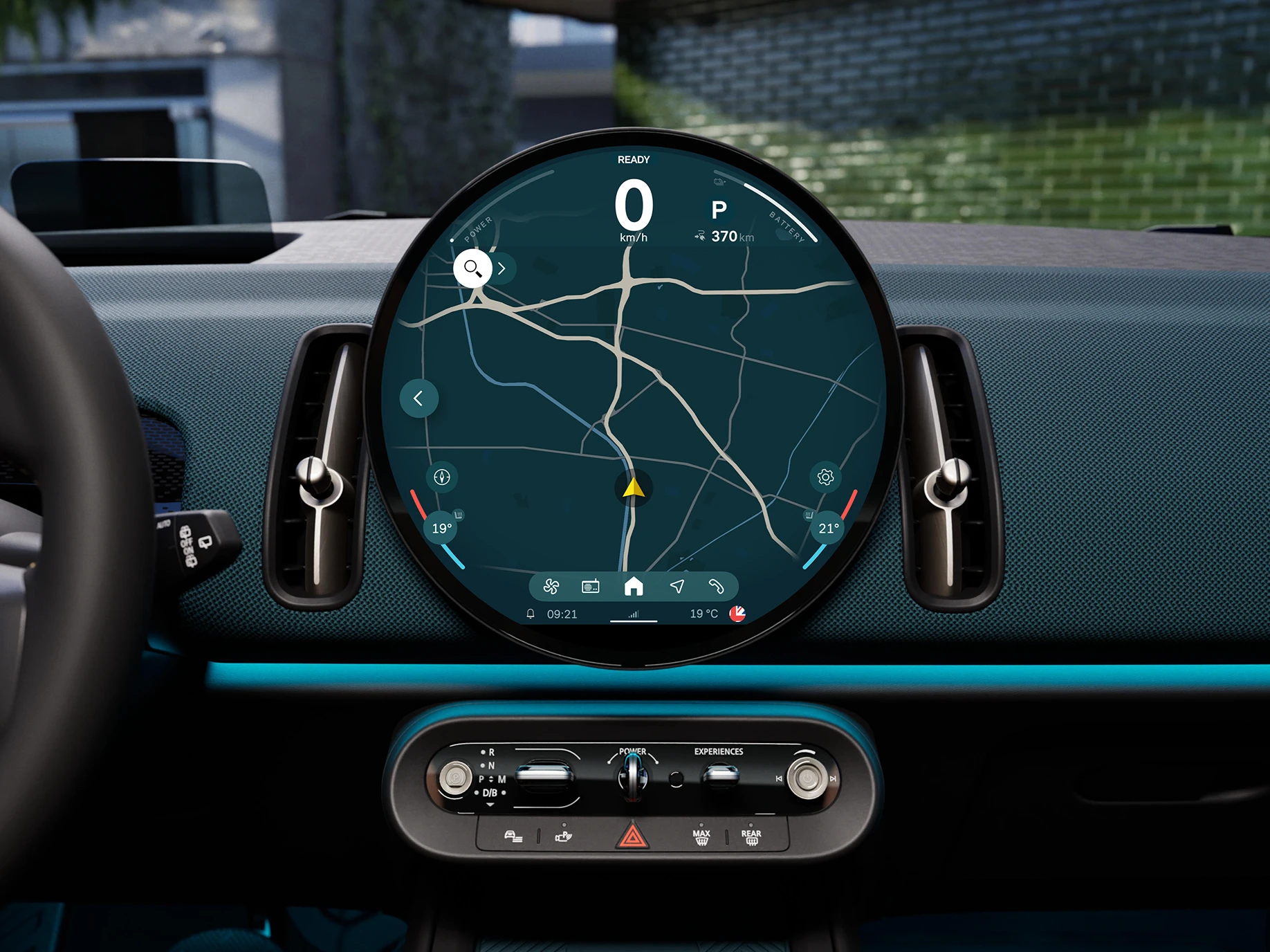Detailed view of the all-electric MINI Countryman interaction unit focusing on the navigation.
