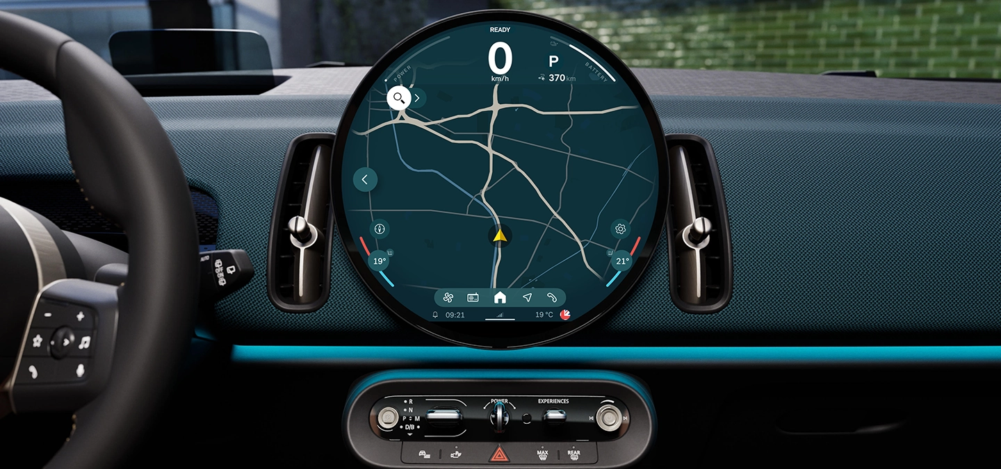 Detailed view of the all-electric MINI Countryman interaction unit focusing on the navigation.