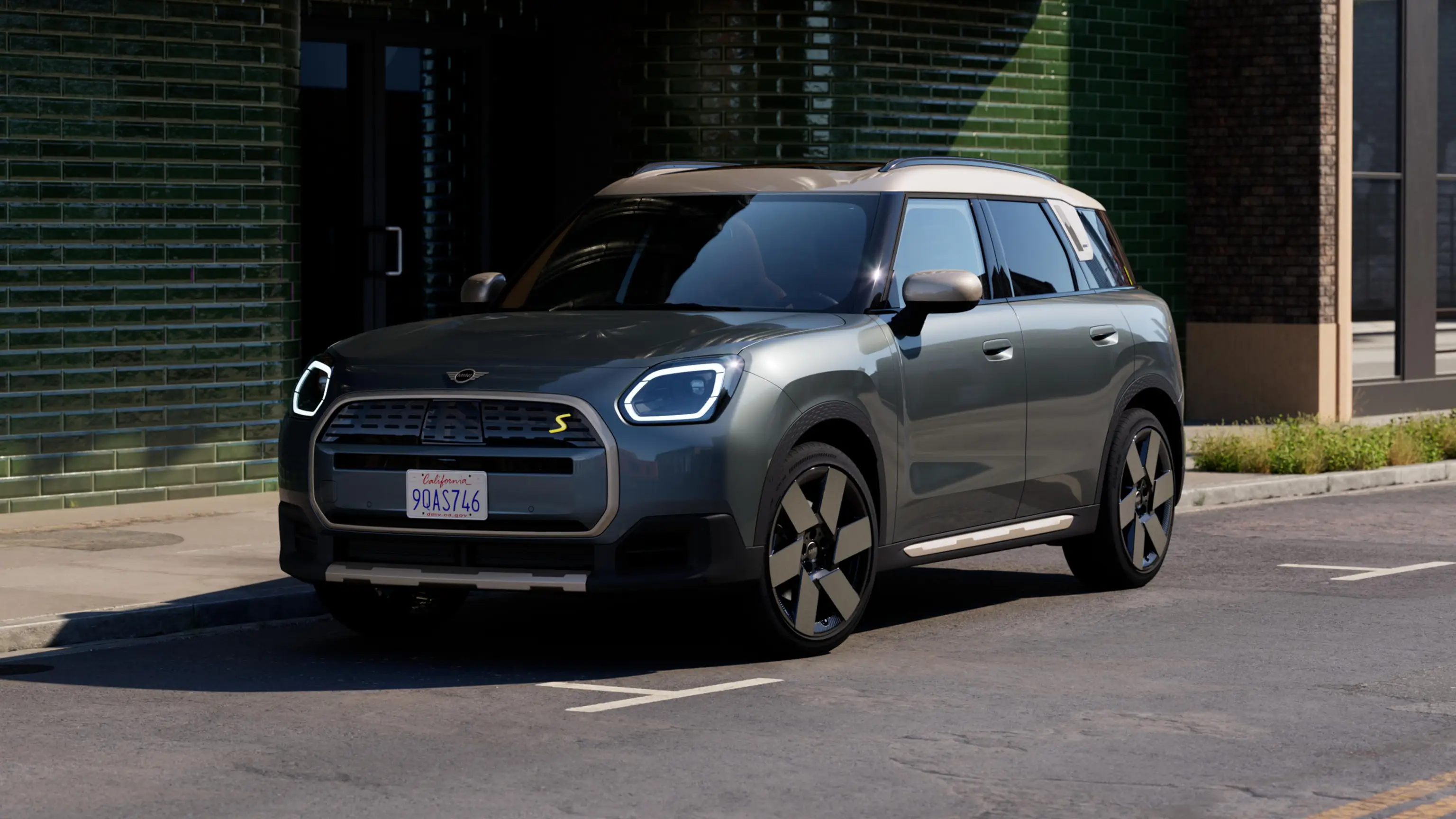 Video showcasing the interior and exterior of an all-electric MINI Countryman in detail. The camera pans across the dashboard, highlighting design elements.