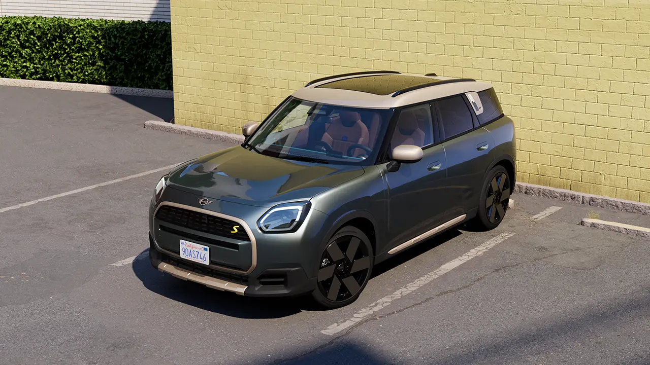 Video showcasing the interior and exterior of a MINI Countryman in detail. The camera pans across the dashboard, highlighting design elements.