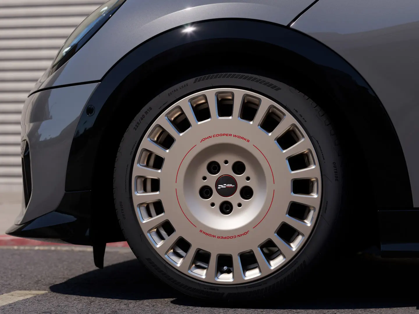 MINI JCW 18" Rallye Spoke 964 alloy wheels in a Vibrant Silver and diamond-milled finish with approved star-marked tyres. 