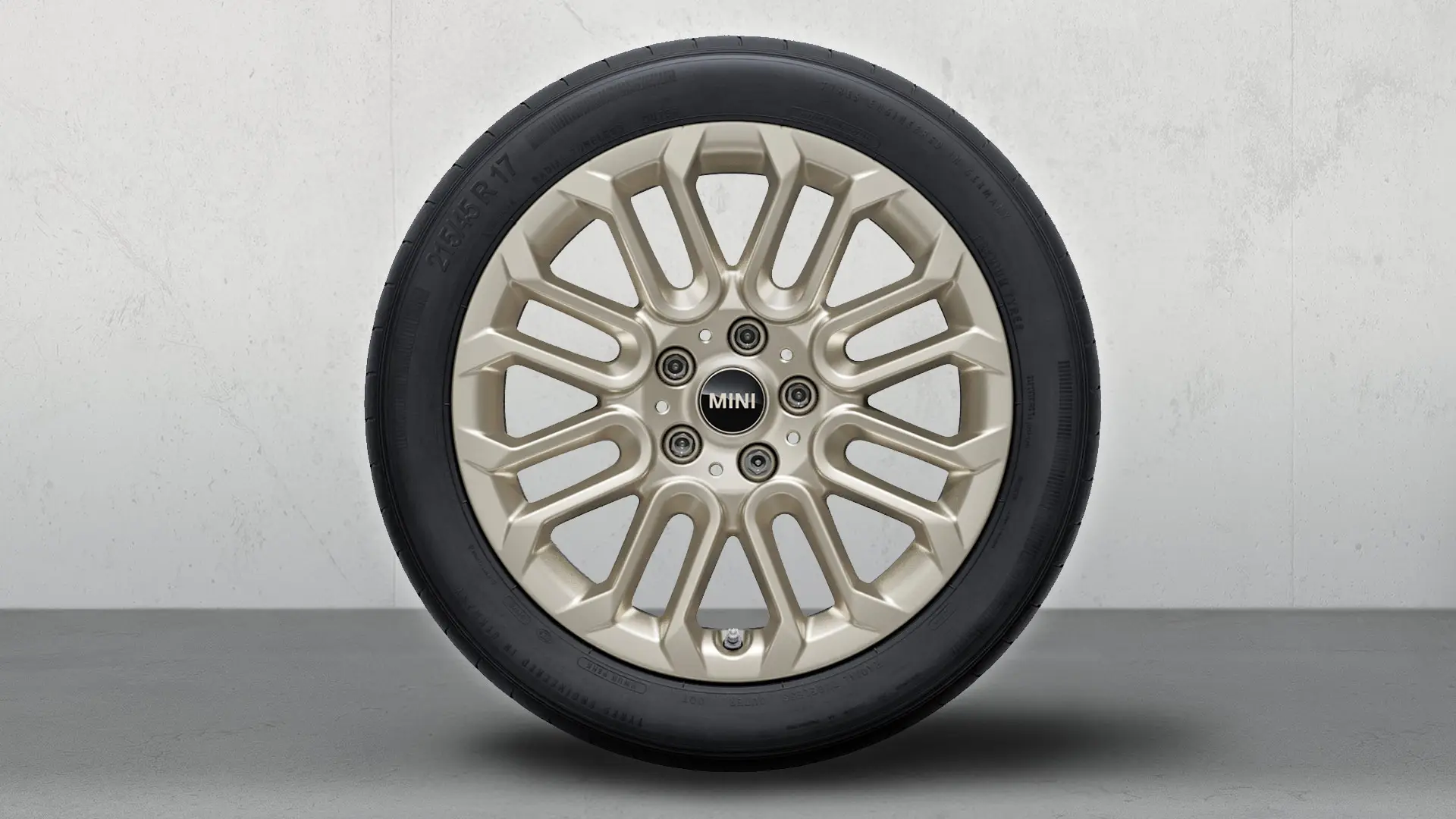 Close-up of the MINI U-Spoke 956, 17" Light Alloy Wheel in a glossy Vibrant Silver finish.