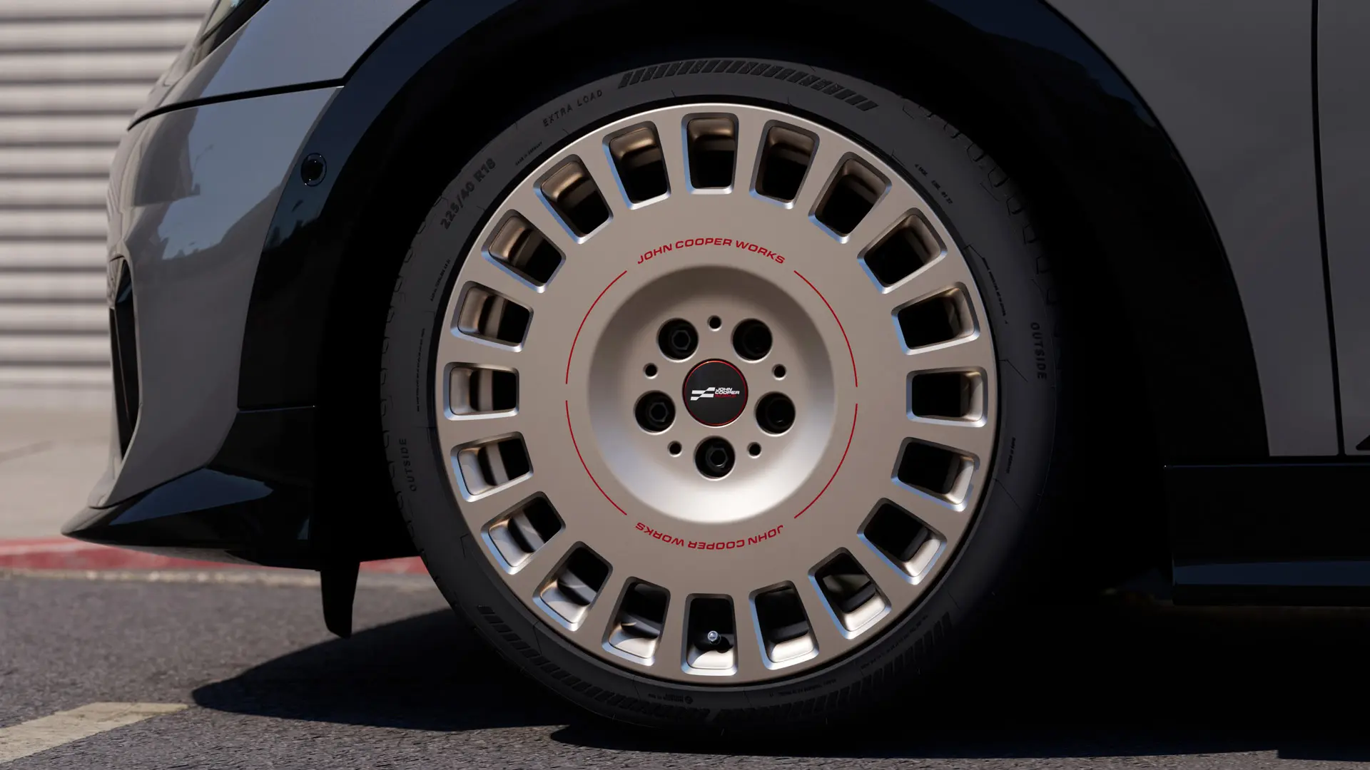 MINI JCW 18" Rallye Spoke 964 alloy wheel in a Vibrant Silver featuring a more solid, closed-spoke design. 