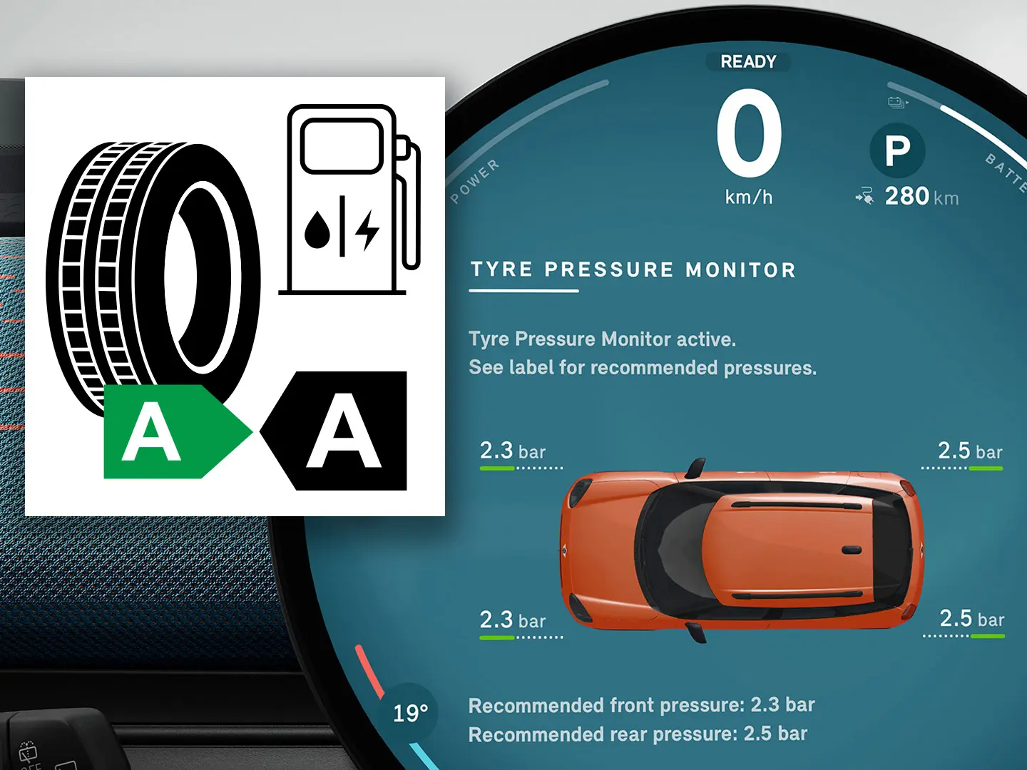 Close-up of the MINI touchscreen displaying the current tyre pressure information.
