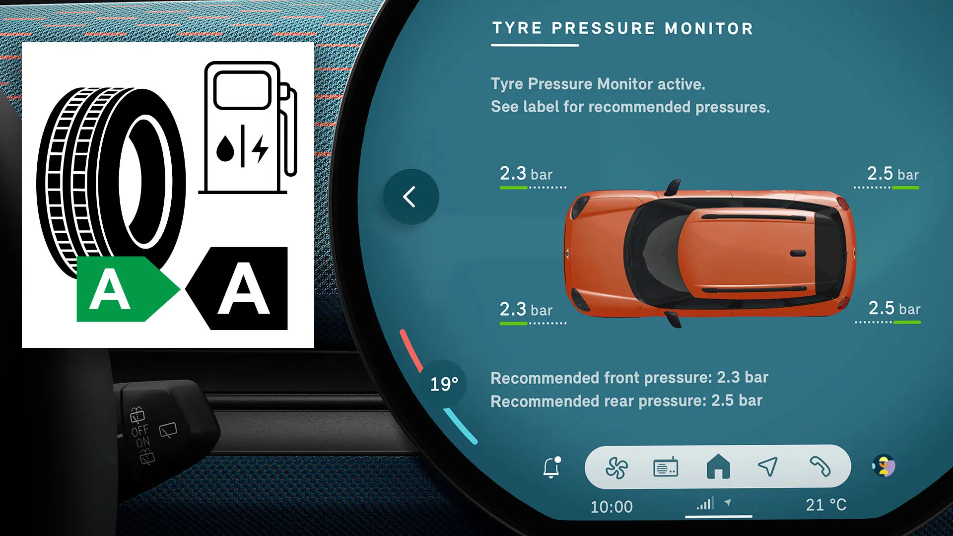 Close-up of the MINI touchscreen displaying the current tyre pressure information.