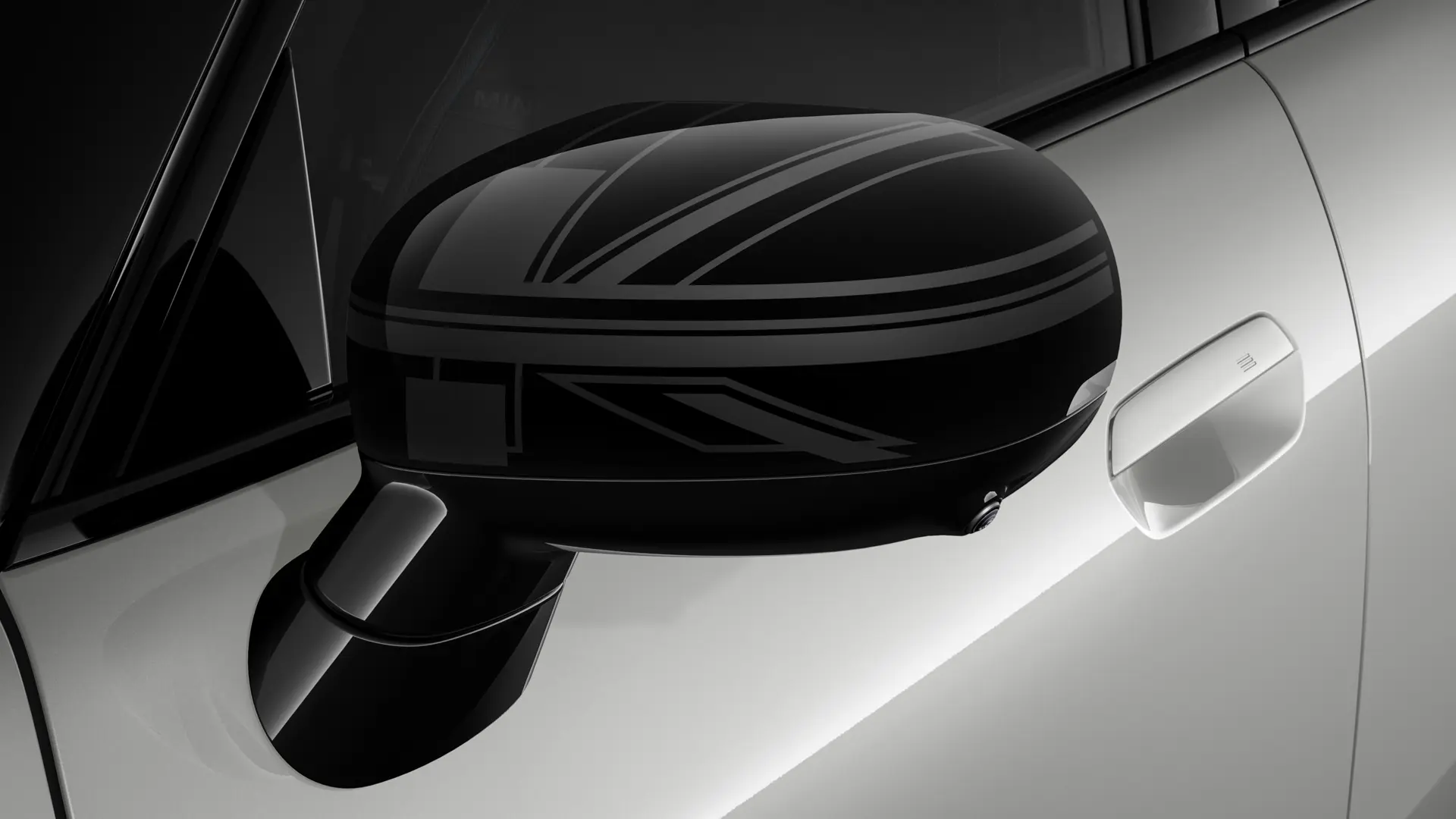 MINI Cooper 3-door in silver with exterior side mirror cap in Night Union Jack design.