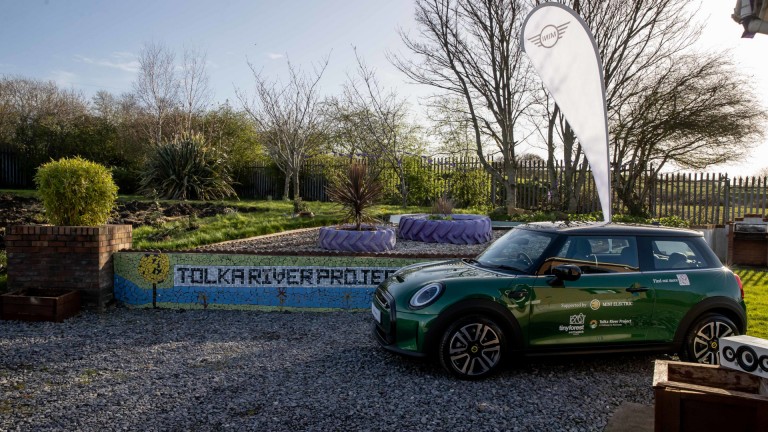 Green MINI cooper at Tolka River Project location