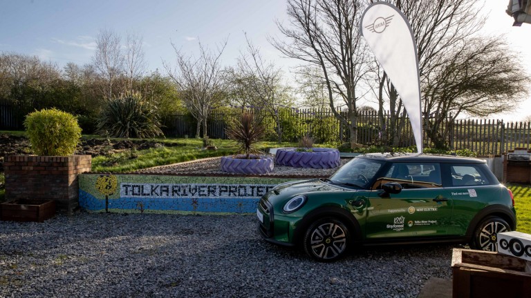Green MINI cooper at Tolka River Project location